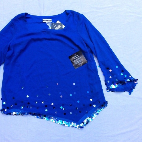 Dana Kay Tops - Dana Kay 3X Chiffon Top Handkerchief Blue Sequins